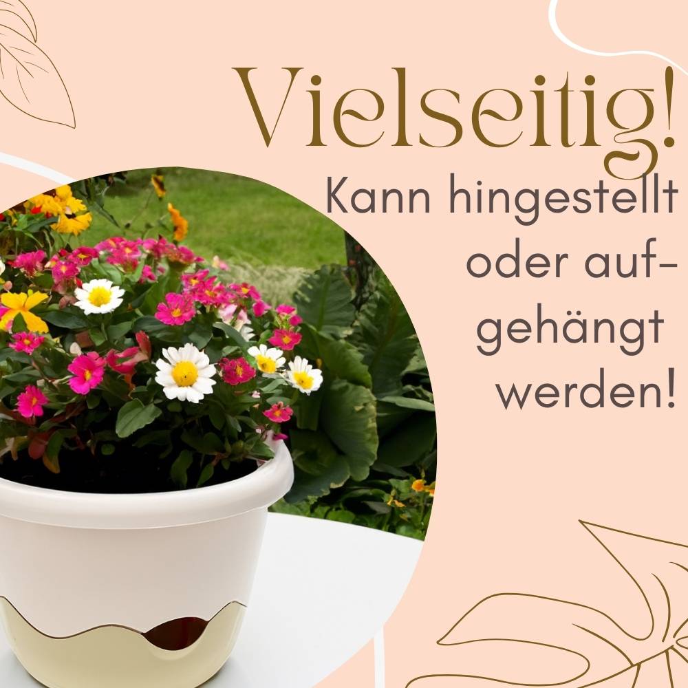 2x Blumentopf zum hängen Outdoor mit Wasserspeicher Hängeampel Blumenampel Kette Hängeblumentopf 25 cm elfenbein