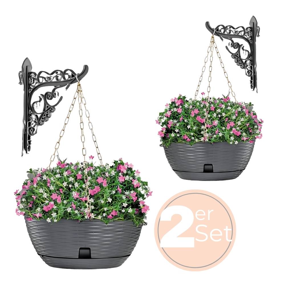 2x Blumenampel Blumentopf hängend außen Hängetopf für Pflanzen Blumentöpfe zum aufhängen Hängeampel inkl. Kette Wandhalterung Rattan anthrazit