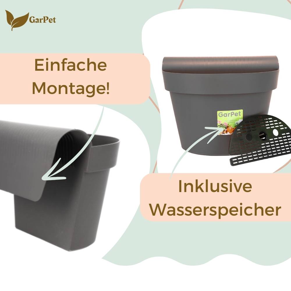 4x Geländertopf Balkon mit Wasserspeicher Blumentopf Zaun Blumenkasten Geländer Geländerkasten Balkontopf Balkonkasten Anthrazit