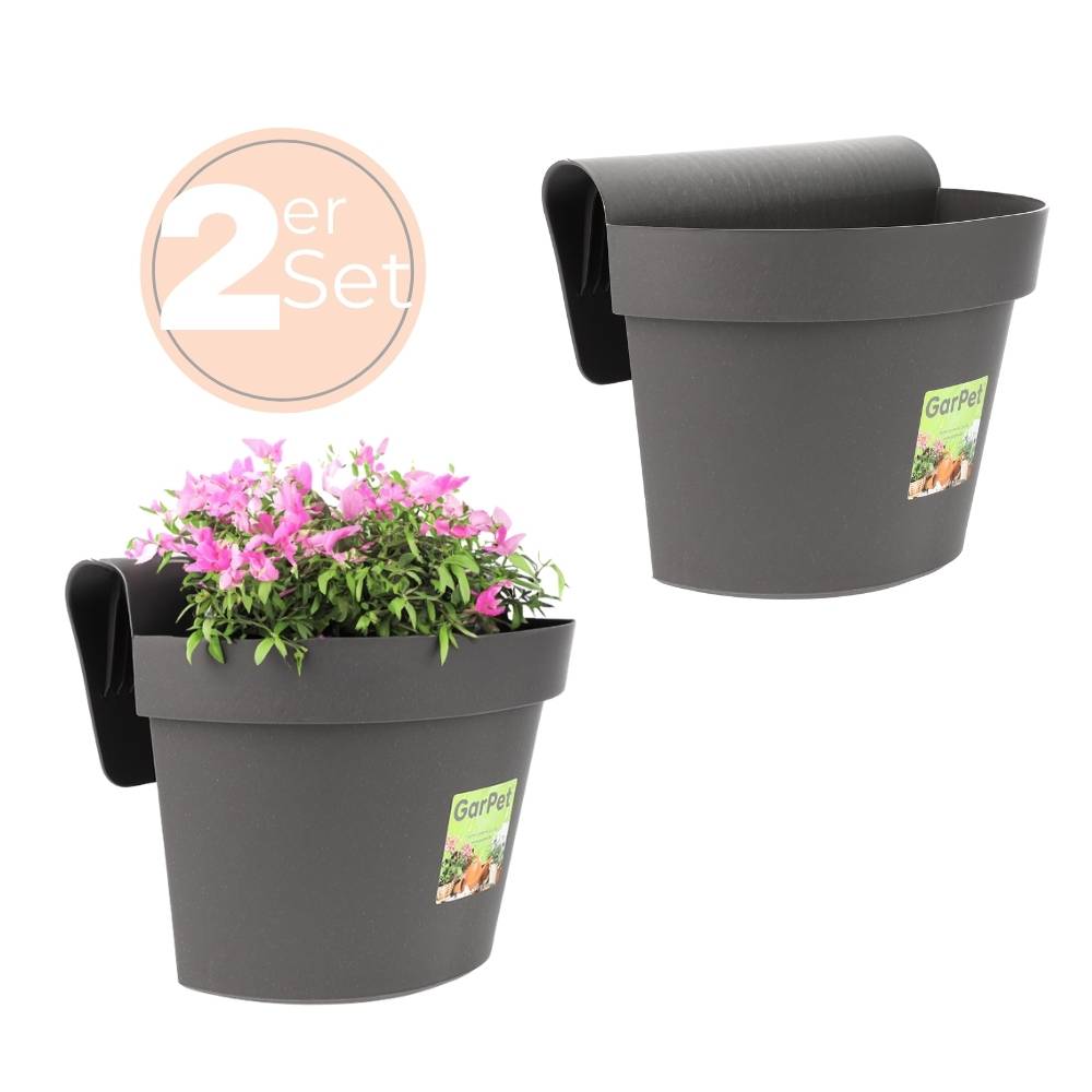2x Geländertopf Balkon mit Wasserspeicher Blumentopf Zaun Blumenkasten Geländer Geländerkasten Balkontopf Balkonkasten Anthrazit