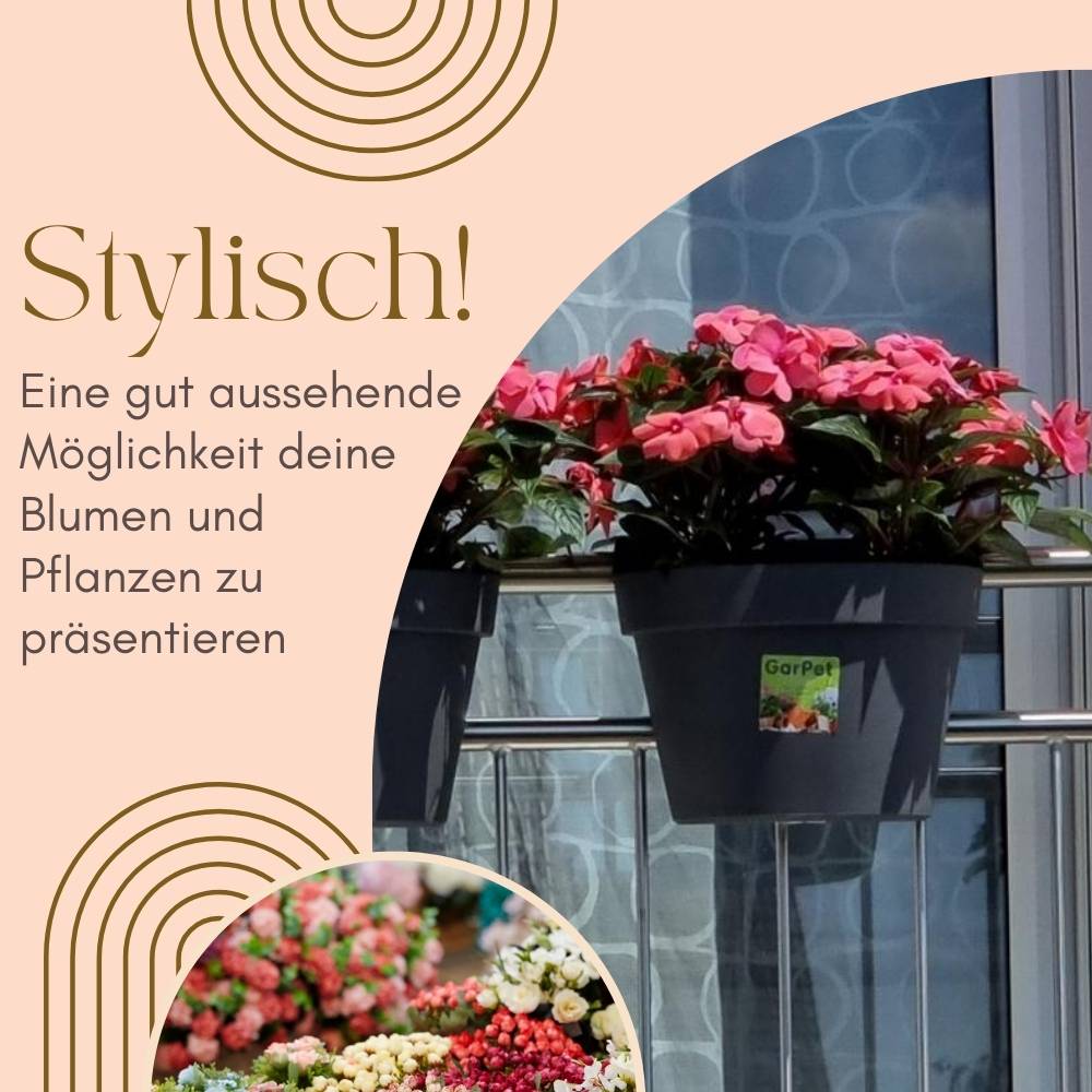 2x Geländertopf Balkon mit Wasserspeicher Blumentopf Zaun Blumenkasten Geländer Geländerkasten Balkontopf Balkonkasten Anthrazit