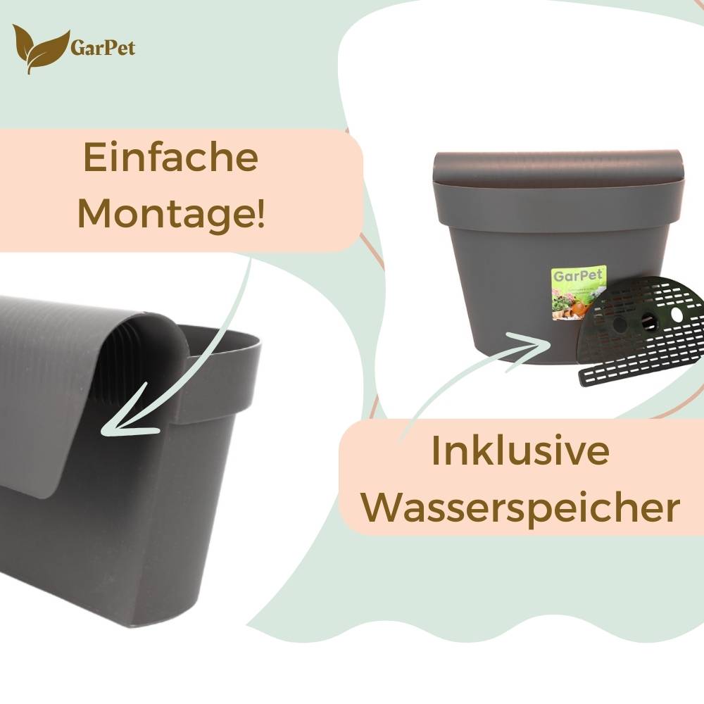 2x Geländertopf Balkon mit Wasserspeicher Blumentopf Zaun Blumenkasten Geländer Geländerkasten Balkontopf Balkonkasten Anthrazit