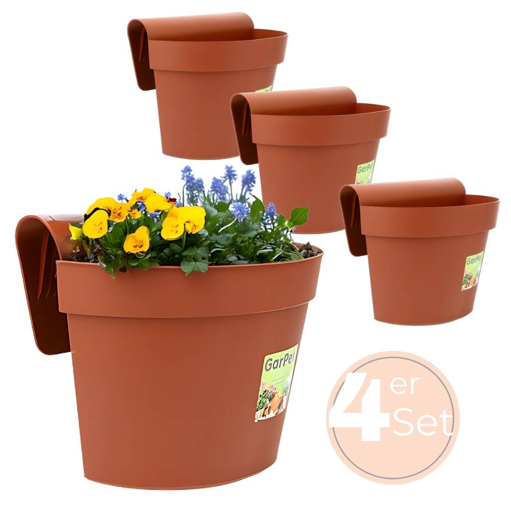 4x Geländertopf Balkon mit Wasserspeicher Blumentopf Zaun Blumenkasten Geländer Geländerkasten Balkontopf Balkonkasten Terracotta
