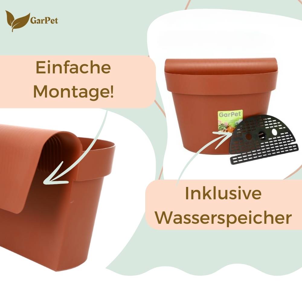 4x Geländertopf Balkon mit Wasserspeicher Blumentopf Zaun Blumenkasten Geländer Geländerkasten Balkontopf Balkonkasten Terracotta