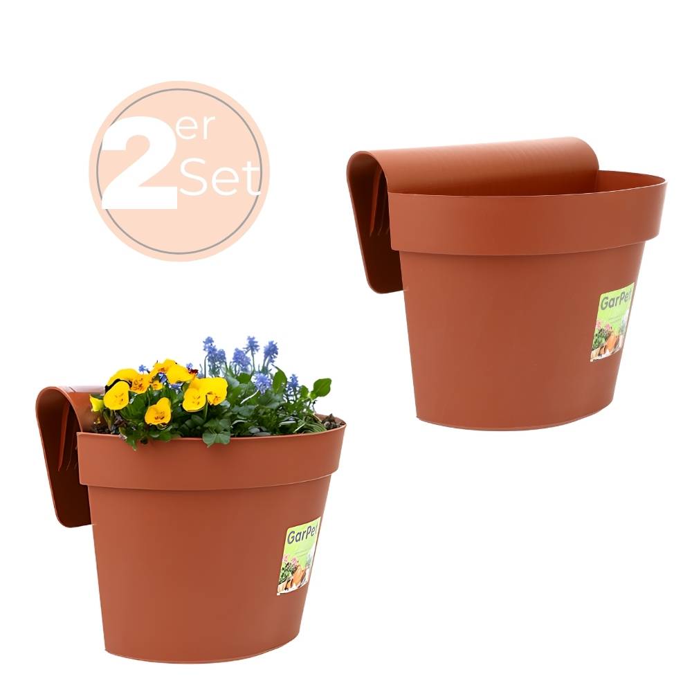 2x Geländertopf Balkon mit Wasserspeicher Blumentopf Zaun Blumenkasten Geländer Geländerkasten Balkontopf Balkonkasten Terracotta