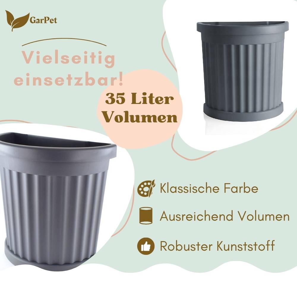 2x Pflanzkübel Halbrund direkt an der Wand Pflanzkübel Groß Außen Blumenkübel Outdoor Pflanztopf Pflanzkasten Blumentopf 50 Grau