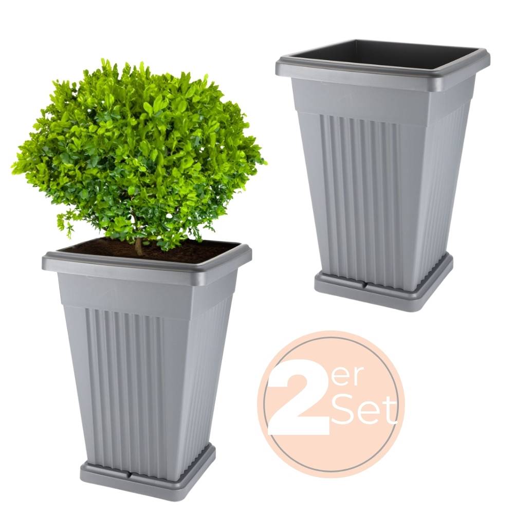 2x Pflanzkübel Pyramide Pflanzkübel Groß Außen Blumenkübel Outdoor Pflanztopf Pflanzkasten Blumentopf mit Untersetzer Rechteckig 50 Grau