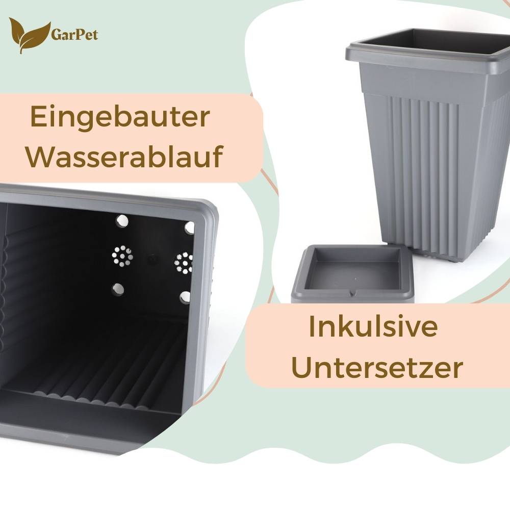 2x Pflanzkübel Pyramide Pflanzkübel Groß Außen Blumenkübel Outdoor Pflanztopf Pflanzkasten Blumentopf mit Untersetzer Rechteckig 50 Grau