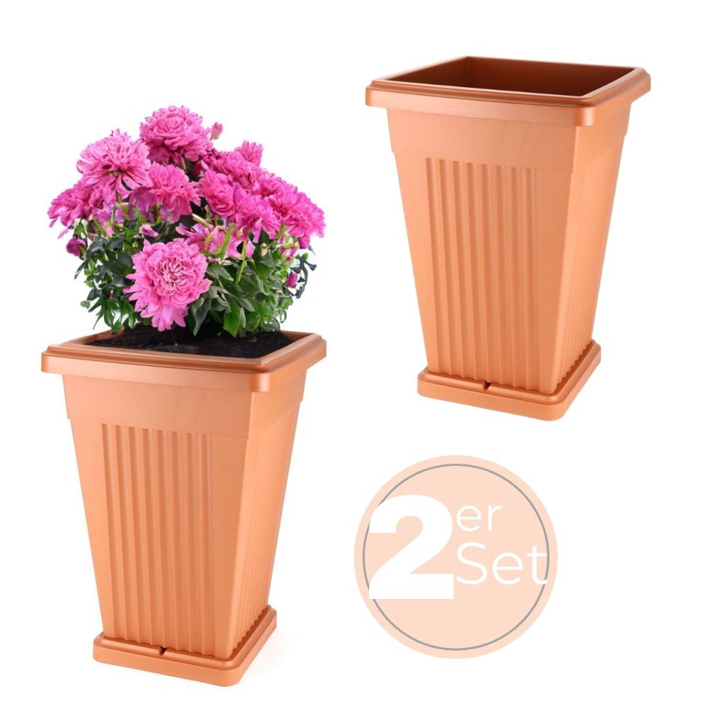 2x Pflanzkübel Pyramide Pflanzkübel Groß Außen Blumenkübel Outdoor Pflanztopf Pflanzkasten Blumentopf mit Untersetzer Rechteckig 50 Terrakotta