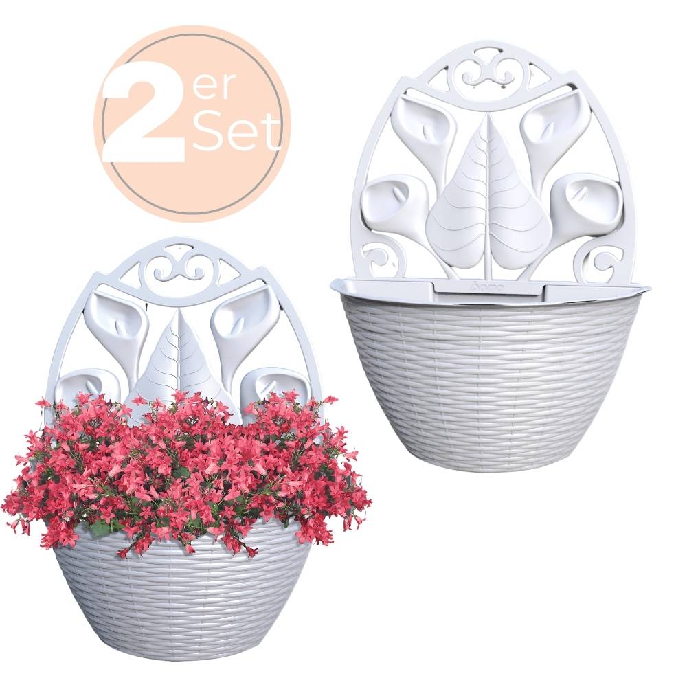2x Blumentopf Wand Blumentopf Wandmontage Wandblumentopf Wandvasen für Pflanzen Pflanzen Wandhalterung Wandtopf Außenbereich 32 cm Weiß Rattan Opti