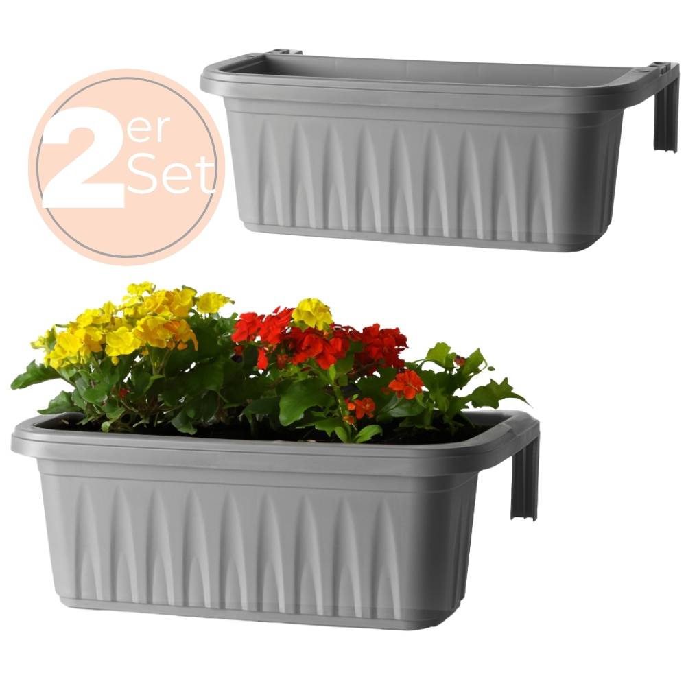2x Blumenkasten Balkongeländer Balkon Blumenkasten Balkonkasten mit Halterung Balkonkasten Geländerkasten Balkonkasten mit Wasserspeicher 50 cm Grau