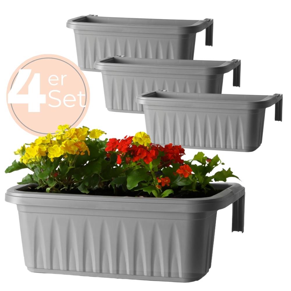 4x Blumenkasten Balkongeländer Balkon Blumenkasten Balkonkasten mit Halterung Balkonkasten Geländerkasten Balkonkasten mit Wasserspeicher 50 cm Grau