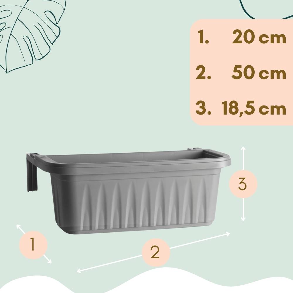 4x Blumenkasten Balkongeländer Balkon Blumenkasten Balkonkasten mit Halterung Balkonkasten Geländerkasten Balkonkasten mit Wasserspeicher 50 cm Grau