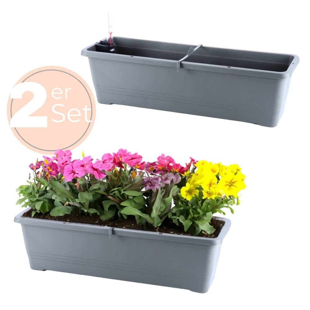 2x Blumenkasten mit Wasserspeicher Blumenkasten Fensterbank Pflanzkasten Outdoor Wasserstandsanzeiger Gießschacht Bewässerungsband 50 cm Anthrazit