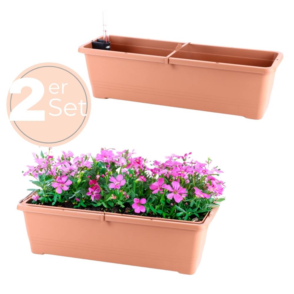 2x Blumenkasten mit Wasserspeicher Blumenkasten Fensterbank Pflanzkasten Outdoor Wasserstandsanzeiger Gießschacht Bewässerungsband 60 cm Terrakotta