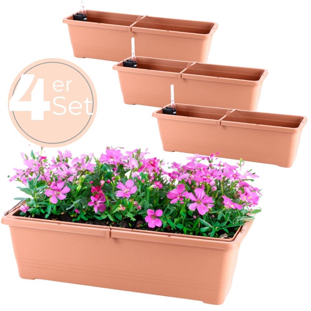 4x Blumenkasten mit Wasserspeicher Blumenkasten Fensterbank Pflanzkasten Outdoor Wasserstandsanzeiger Gießschacht Bewässerungsband 60 cm Terrakotta