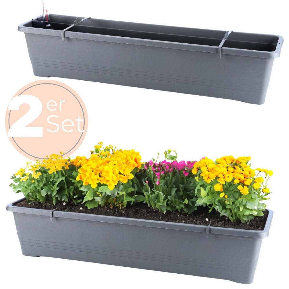 2x Blumenkasten mit Wasserspeicher Blumenkasten Fensterbank Pflanzkasten Outdoor Wasserstandsanzeiger Gießschacht Bewässerungsband 80 cm Anthrazit