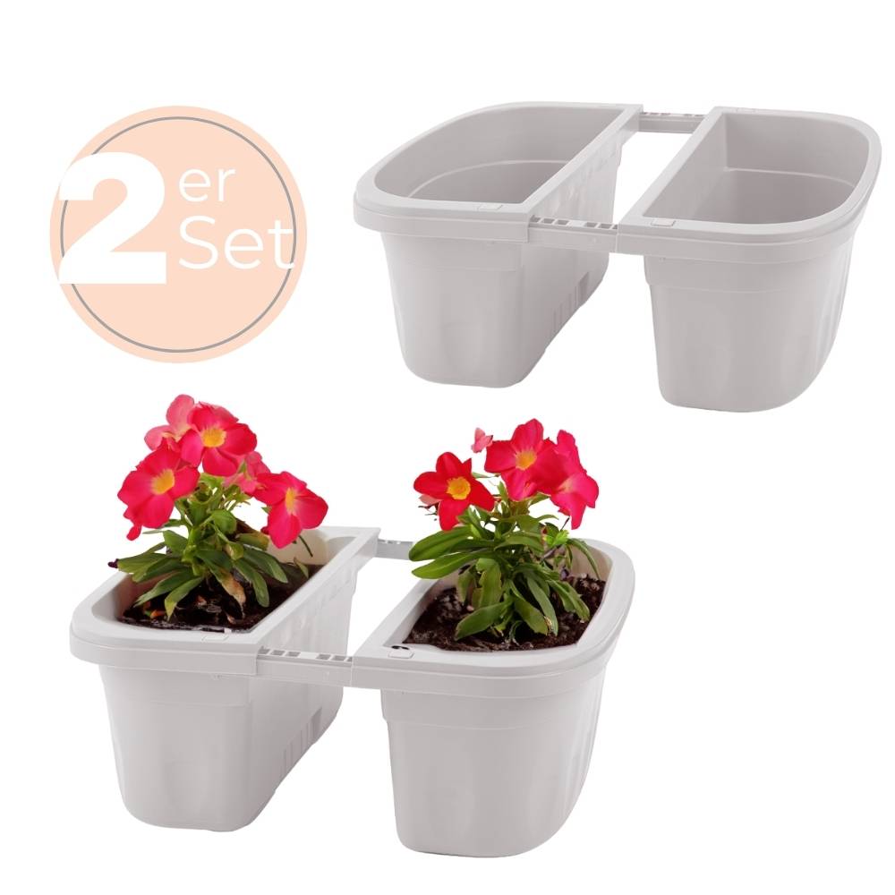 2x Blumenkasten Balkongeländer Beidseitig Balkon Blumenkasten Doppelseitig Balkonkasten mit Halterung Geländerkasten mit Wasserspeicher Weiß 40 cm