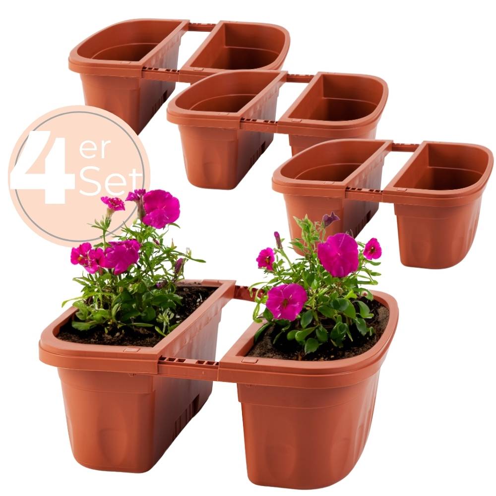 4x Blumenkasten Balkongeländer Beidseitig Balkon Blumenkasten Doppelseitig Balkonkasten mit Halterung Geländerkasten mit Wasserspeicher Teracotta 50