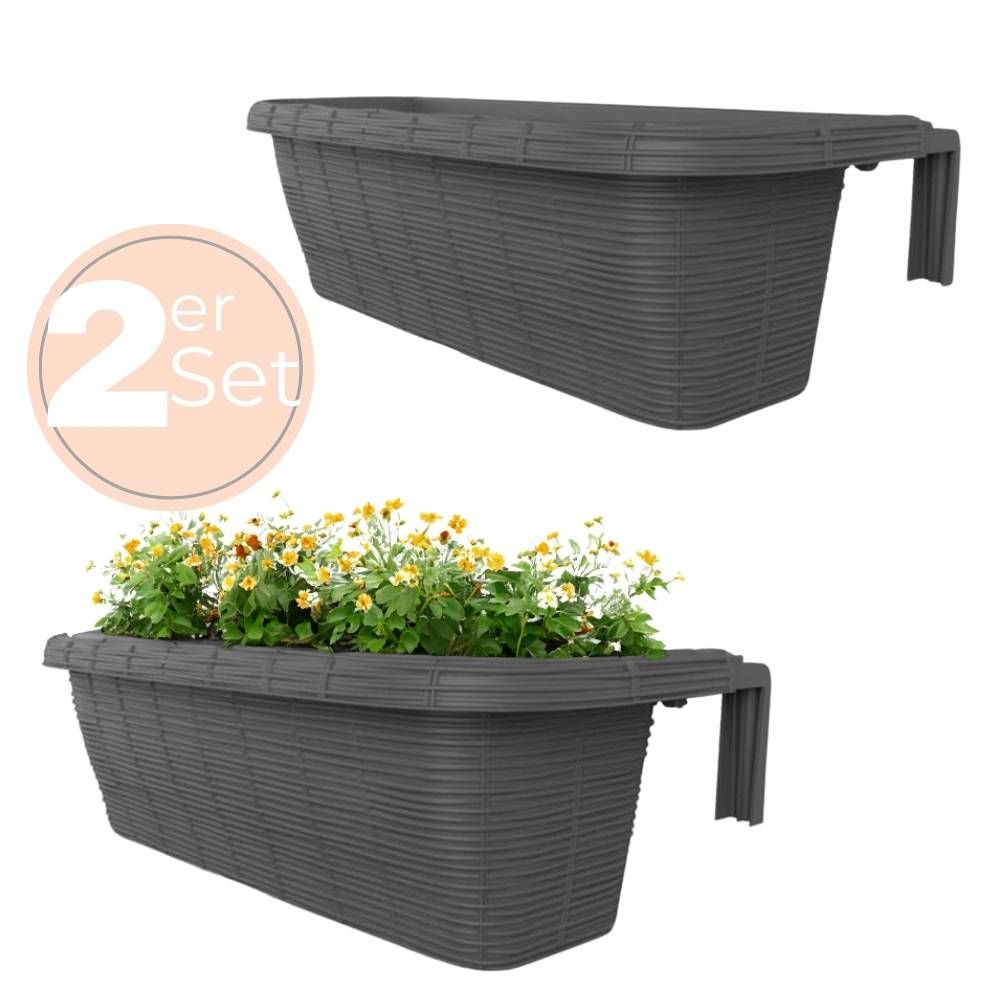 2x Blumenkasten Balkongeländer Balkon Blumenkasten Balkonkasten mit Halterung Geländerkasten mit Wasserspeicher Rattan Optik Anthrazit 60 cm