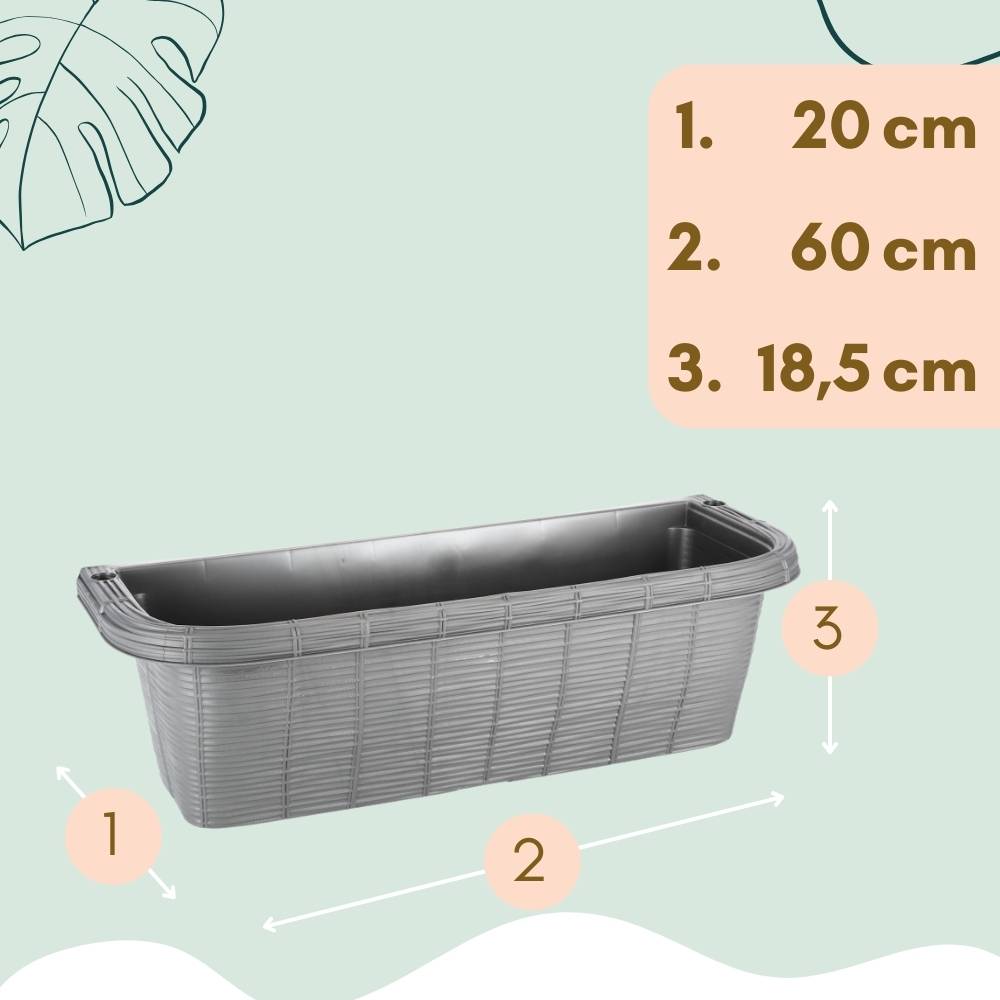 2x Blumenkasten Balkongeländer Balkon Blumenkasten Balkonkasten mit Halterung Geländerkasten mit Wasserspeicher Rattan Optik Anthrazit 60 cm