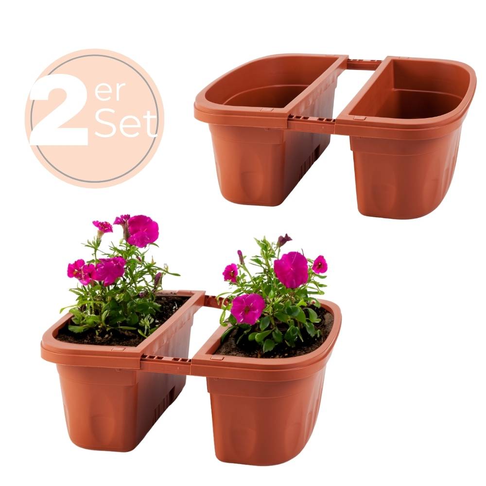 2x Blumenkasten Balkongeländer Beidseitig Balkon Blumenkasten Doppelseitig Balkonkasten mit Halterung Geländerkasten mit Wasserspeicher Teracotta 50