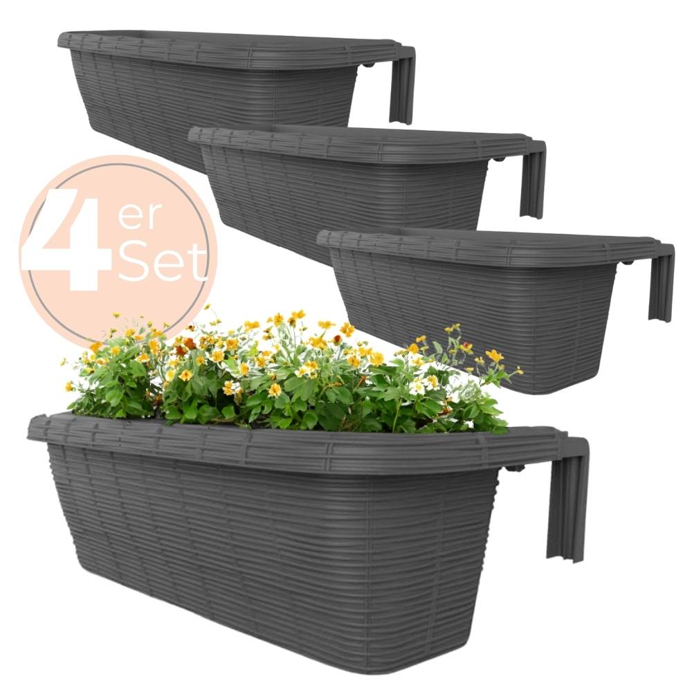 4x Blumenkasten Balkongeländer Balkon Blumenkasten Balkonkasten mit Halterung Geländerkasten mit Wasserspeicher Rattan Optik Anthrazit 60 cm