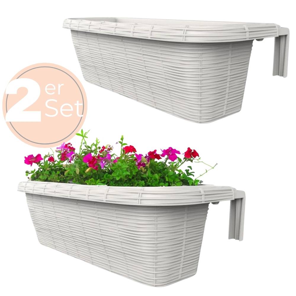 2x Blumenkasten Balkongeländer Balkon Blumenkasten Balkonkasten mit Halterung Geländerkasten mit Wasserspeicher Rattan Optik Weiß 60 cm
