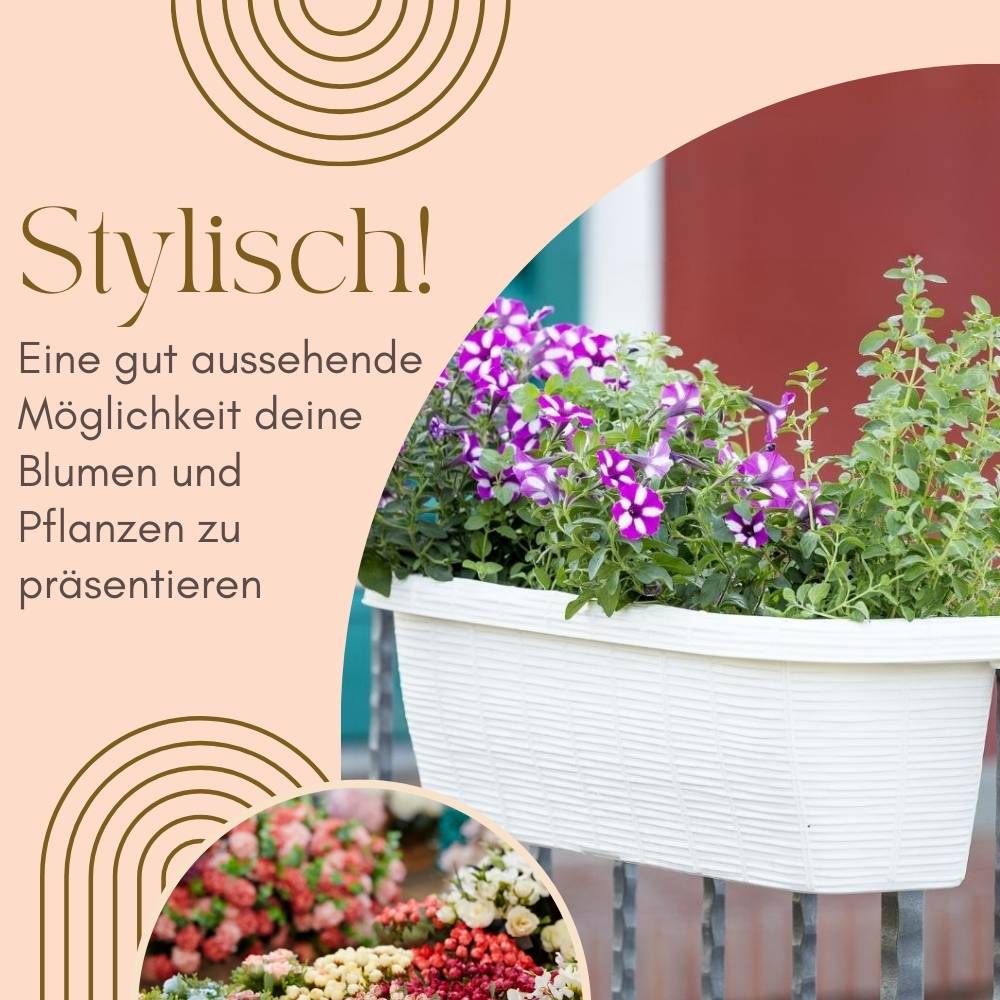 2x Blumenkasten Balkongeländer Balkon Blumenkasten Balkonkasten mit Halterung Geländerkasten mit Wasserspeicher Rattan Optik Weiß 60 cm