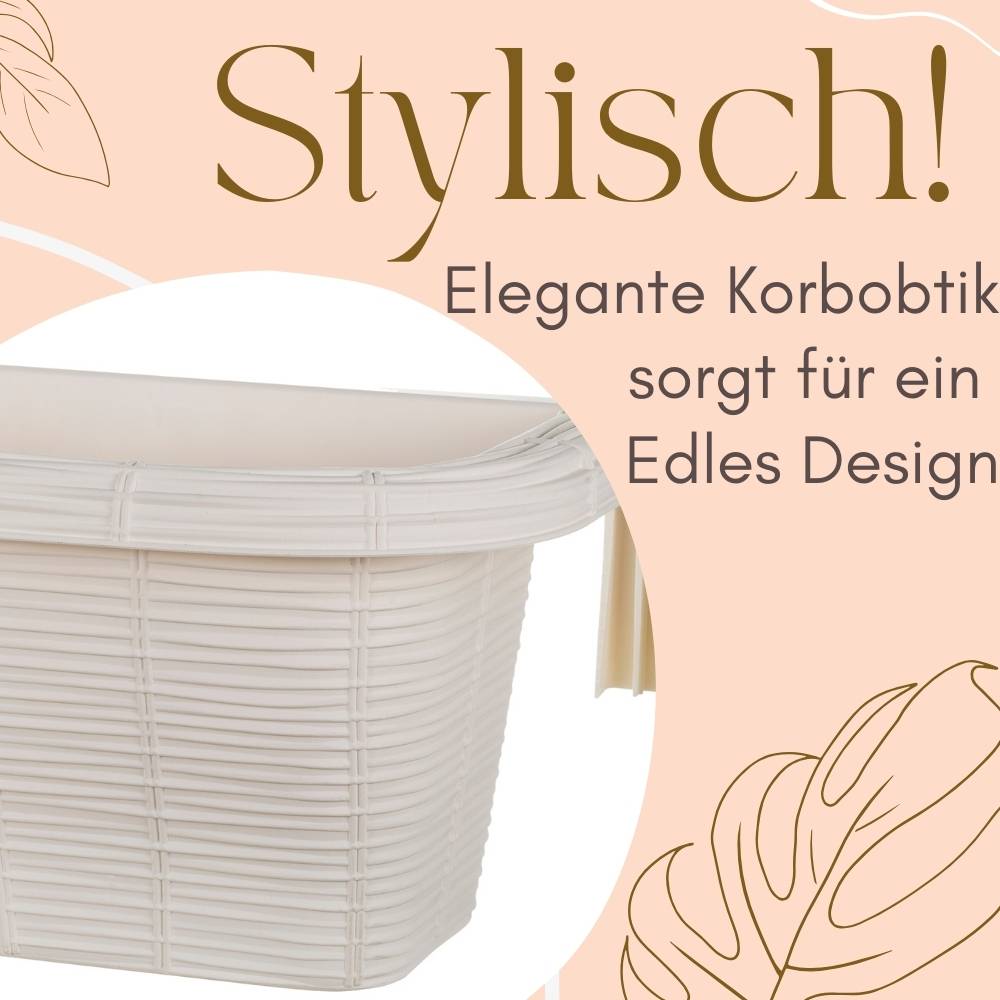 2x Blumenkasten Balkongeländer Balkon Blumenkasten Balkonkasten mit Halterung Geländerkasten mit Wasserspeicher Rattan Optik Weiß 60 cm