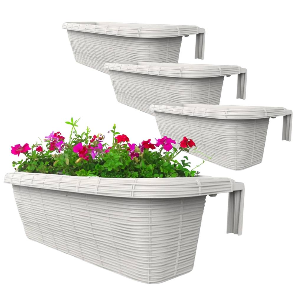 4x Blumenkasten Balkongeländer Balkon Blumenkasten Balkonkasten mit Halterung Geländerkasten mit Wasserspeicher Rattan Optik Weiß 60 cm