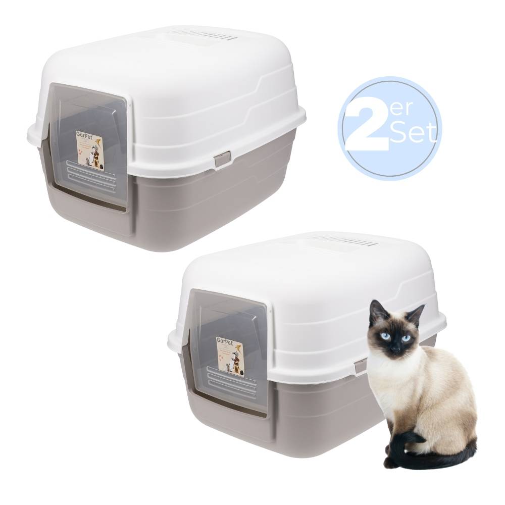 2x Katzenklo mit Deckel - Kippbare Haube - Aktivkohlefilter Katzenklo geschlossen Katzentoilette Katzen Klo Hauben Toilette grau