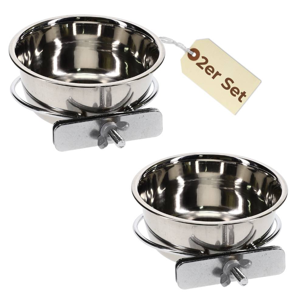 2x Edelstahlnapf zum Einhängen 0,60 L mit Schraubenhalterung Vogelnapf Hundenapf Hasen Kaninchen Katzen Napf Futter Wasser Napf