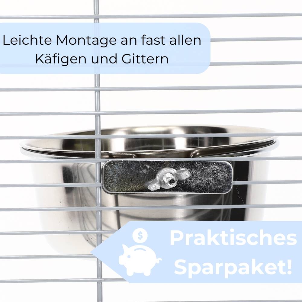 2x Edelstahlnapf zum Einhängen 0,60 L mit Schraubenhalterung Vogelnapf Hundenapf Hasen Kaninchen Katzen Napf Futter Wasser Napf