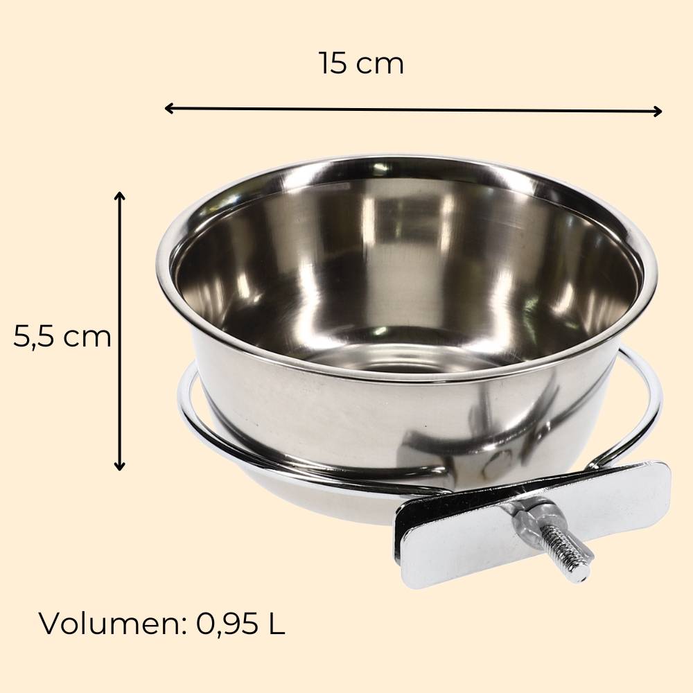 2x Edelstahlnapf zum Einhängen 0,95 L mit Schraubenhalterung Vogelnapf Hundenapf Hasen Kaninchen Katzen Napf Futter Wasser Napf