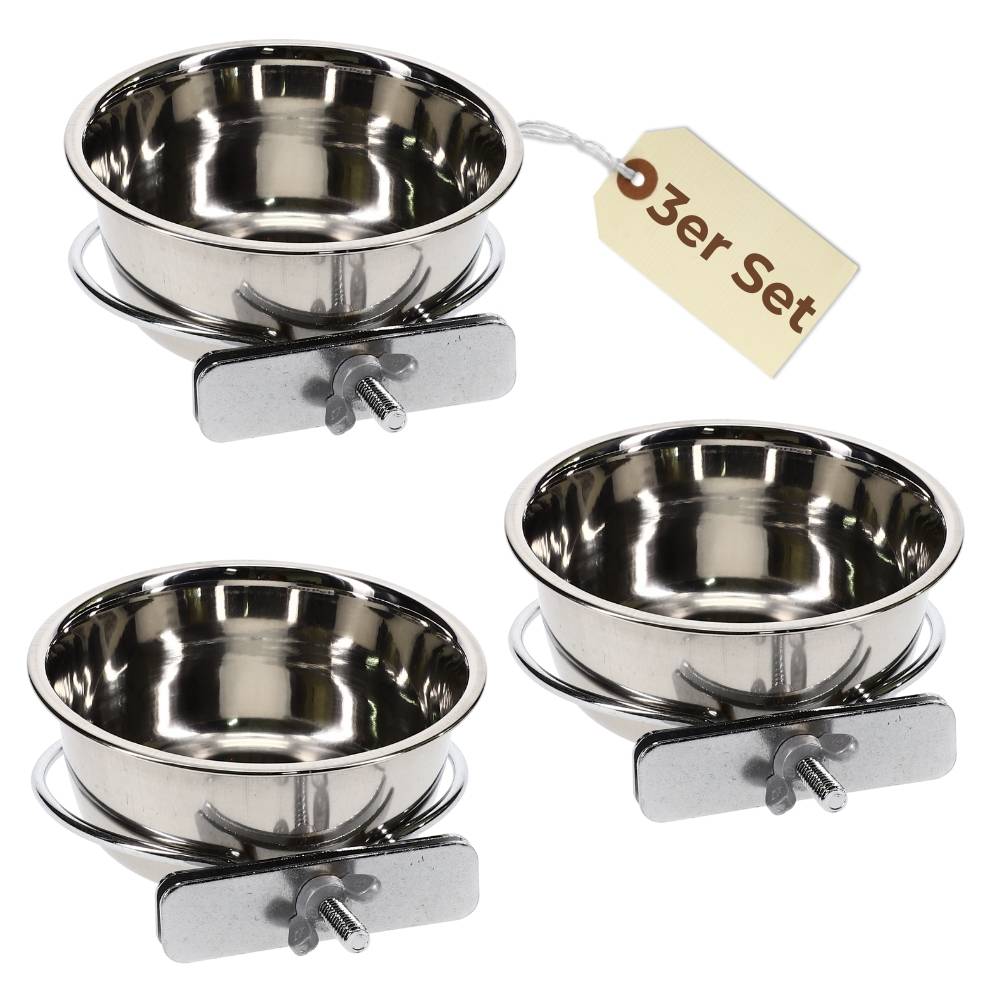3x Edelstahlnapf zum Einhängen 0,30 L mit Schraubenhalterung Vogelnapf Hundenapf Hasen Kaninchen Katzen Napf Futter Wasser Napf