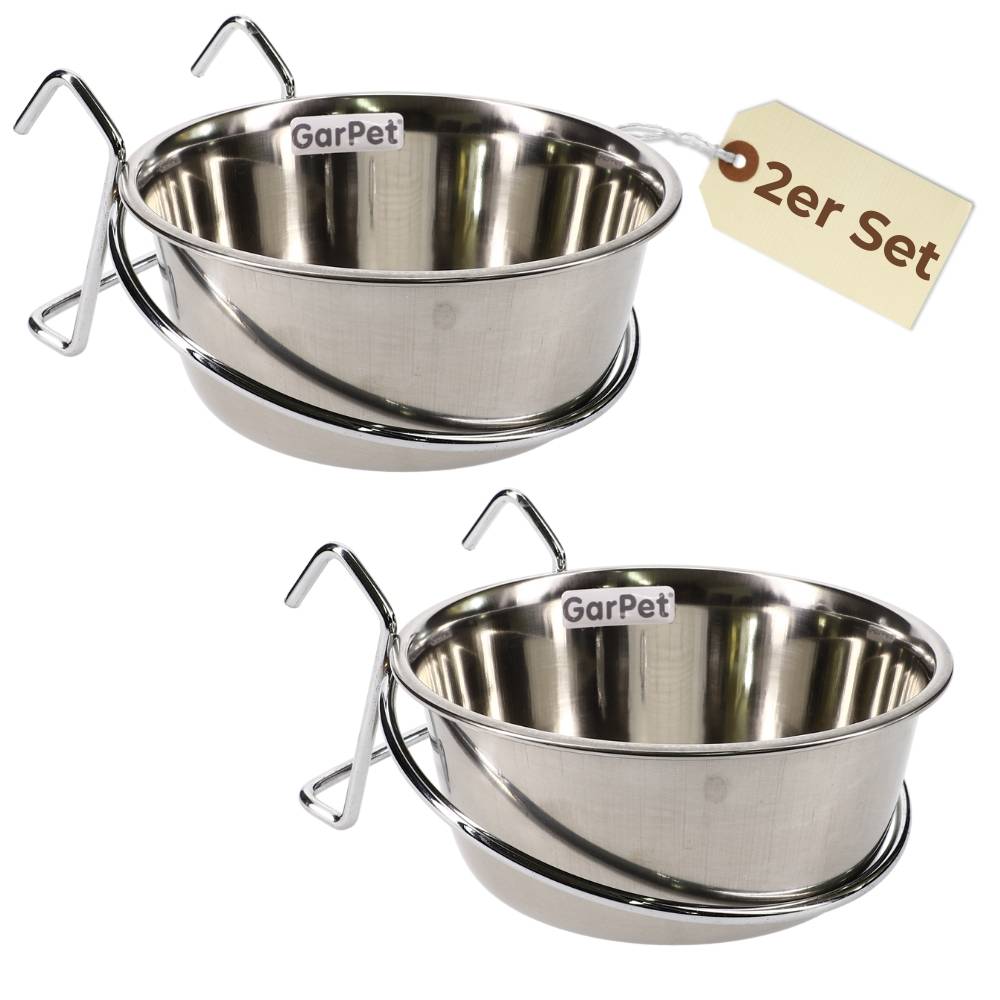 2x Edelstahlnapf zum Einhängen 0,60 L mit Hakenhalterung Vogelnapf Hundenapf Hasen Kaninchen Katzen Napf Futter Wasser Napf