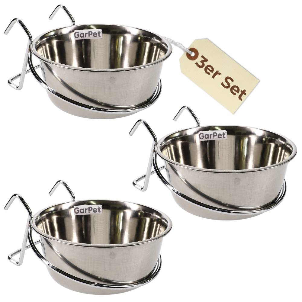 3x Edelstahlnapf zum Einhängen 0,30 L mit Hakenhalterung Vogelnapf Hundenapf Hasen Kaninchen Katzen Napf Futter Wasser Napf