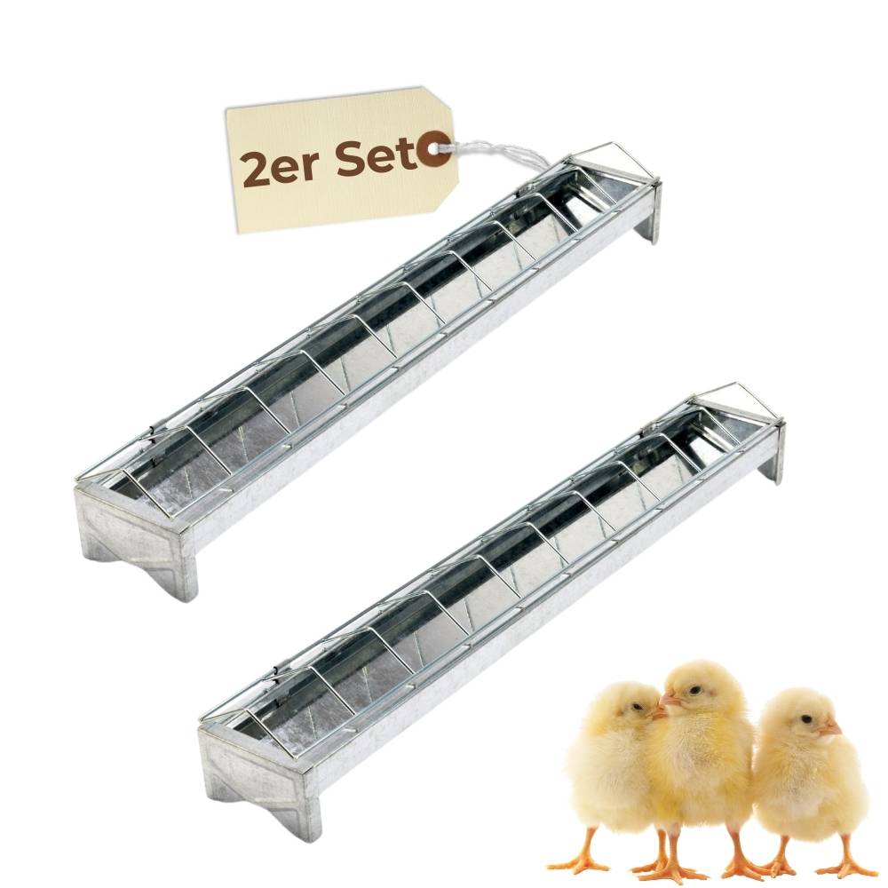 2x Futterspender Hühner 50 cm Futterrinne Futtertrog Metall Küken Aufzucht Geflügel Tauben Wachtel Fressgitter