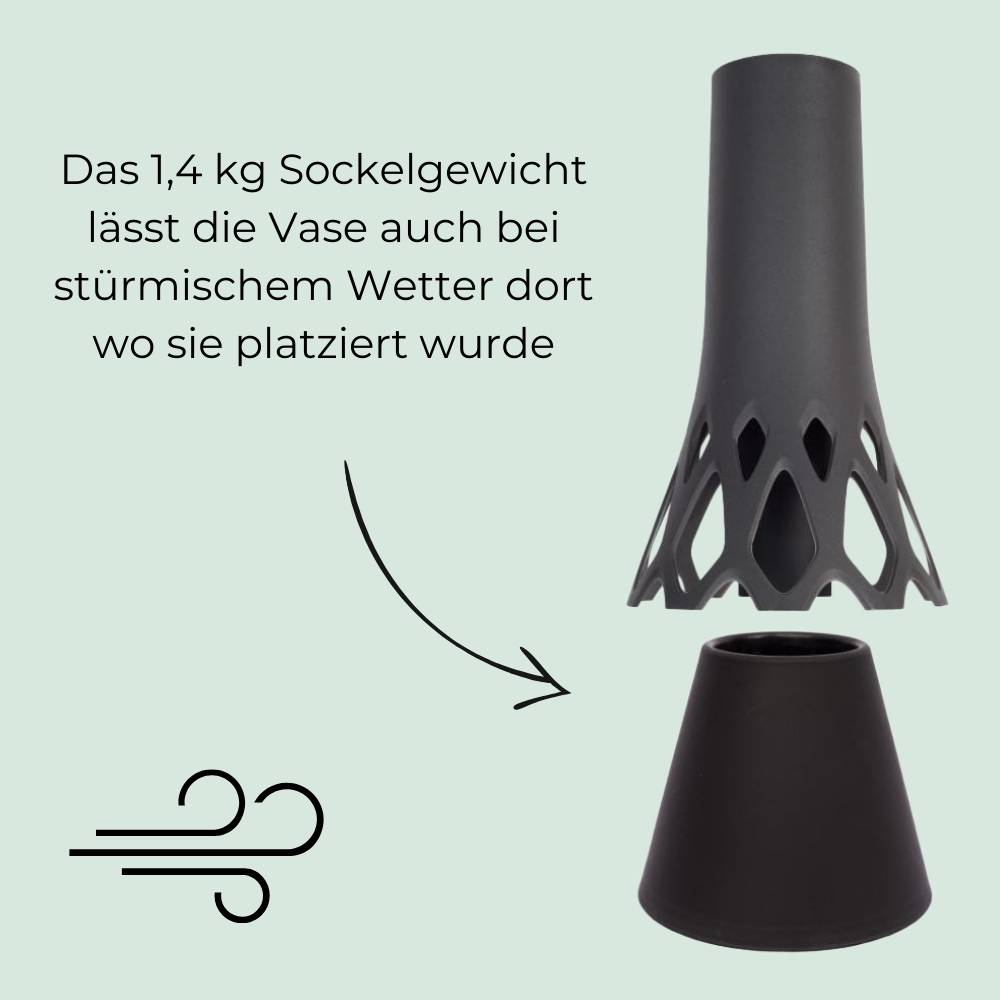 2x Grabvase mit Sockel Gewicht Friedhofvase Grabschmuck Blumenvase Friedhof Grab Vase anthrazit 1,3 L Frostsicher