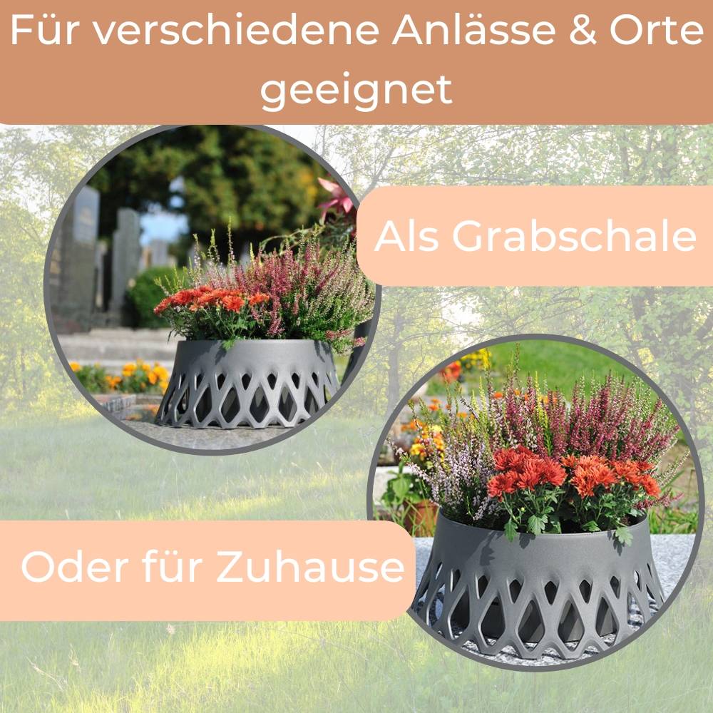 2x Grabschale für Friedhof Pflanzschale für Friedhof Grab Vase mit Selbstbewässerung und Wasserüberlauf anthrazit Ø 40 frostsicher