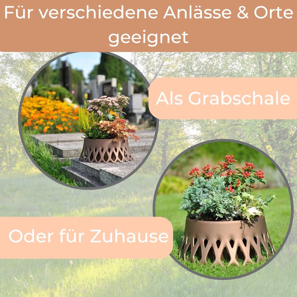 2x Grabschale für Friedhof Pflanzschale für Friedhof Grab Vase mit Selbstbewässerung und Wasserüberlauf bronze Ø 30 frostsicher