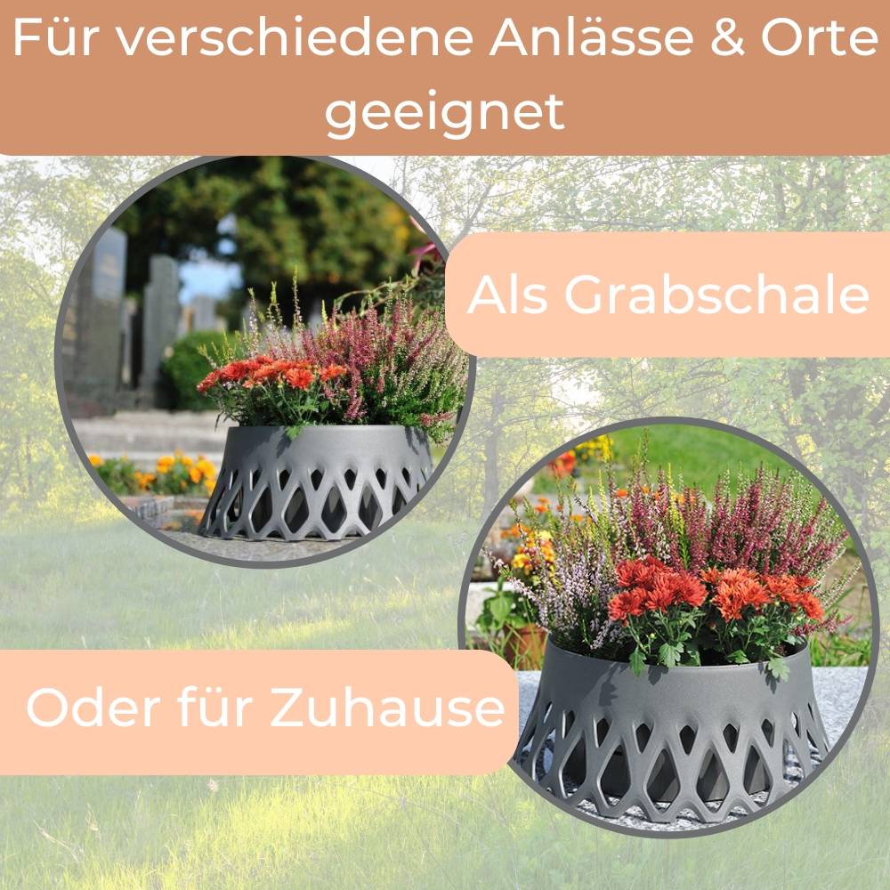 2x Grabschale für Friedhof Pflanzschale für Friedhof Grab Vase mit Selbstbewässerung und Wasserüberlauf anthrazit Ø 30 frostsicher