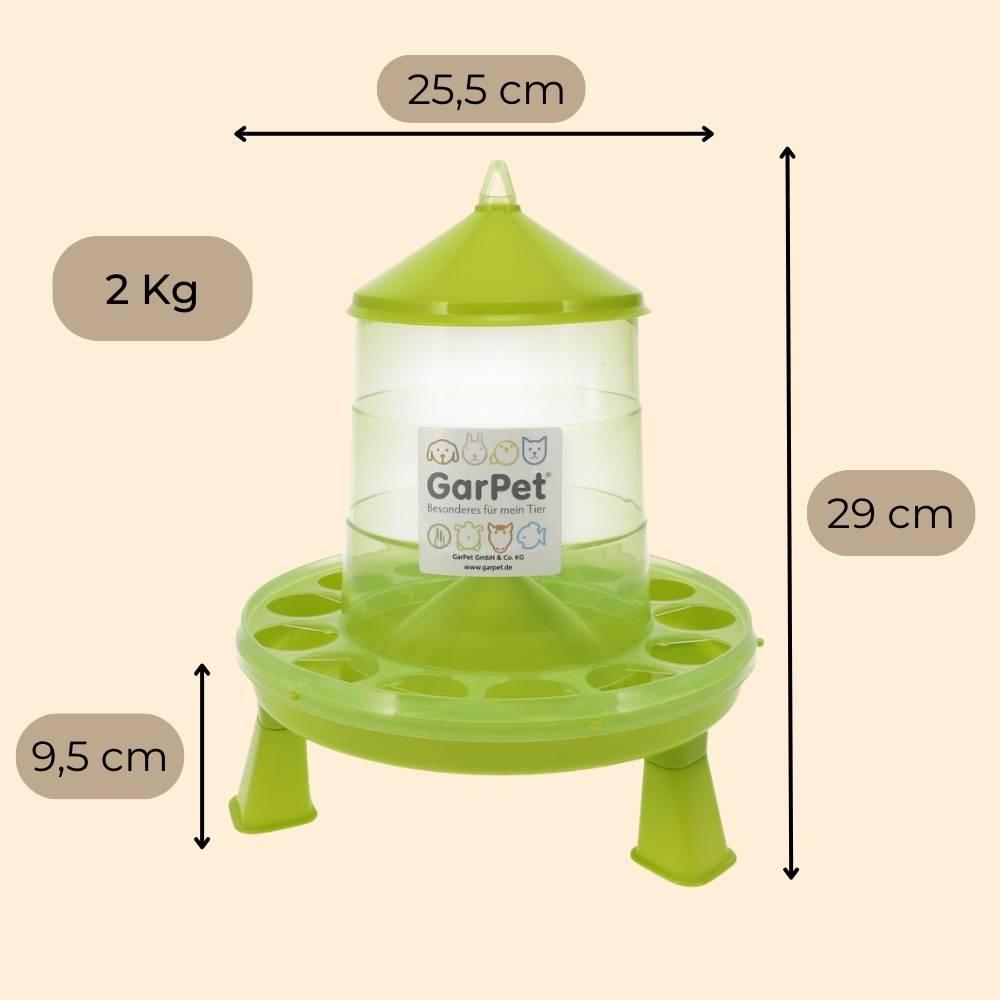 2x Futterautomat Hühner mit Füßen Hühnerfutter Automat Geflügel Futterspender Futtertrog Wachteln Hühnerfutterautomat grün 2 Kg