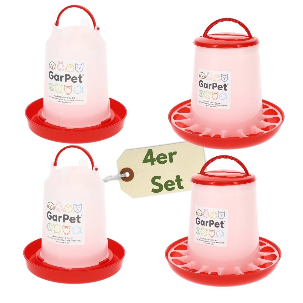 4 Stück Futterautomat Hühner + Hühnertränke im Set Futterspender Futtertrog Küken Hühner Zubehör Kükentränke Geflügeltränke Wasserspender G