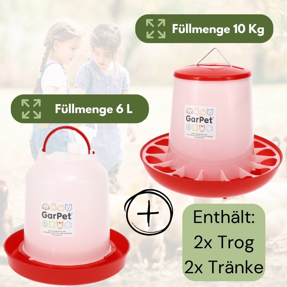 4 Stück Futterautomat Hühner + Hühnertränke im Set Geflügel Futterspender Futtertrog Hühner Zubehör Geflügeltränke Wasserspender Gr. 4