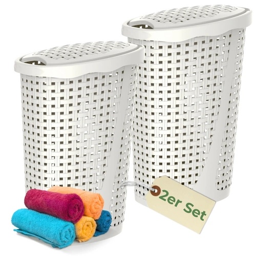 2x Wäschekorb mit Deckel Wäschesammler Plastik Wäschetonne Wäschetruhe weiß Wäschebox mit Deckel 31 x 40 x 60 cm 43 L Rattan Optik 2x Wäschekorb mit Deckel Wäschesammler Plastik Wäschetonne Wäschetruhe weiß Wäschebox mit Deckel 31 x 40 x 60 cm 43 L Rattan Optik