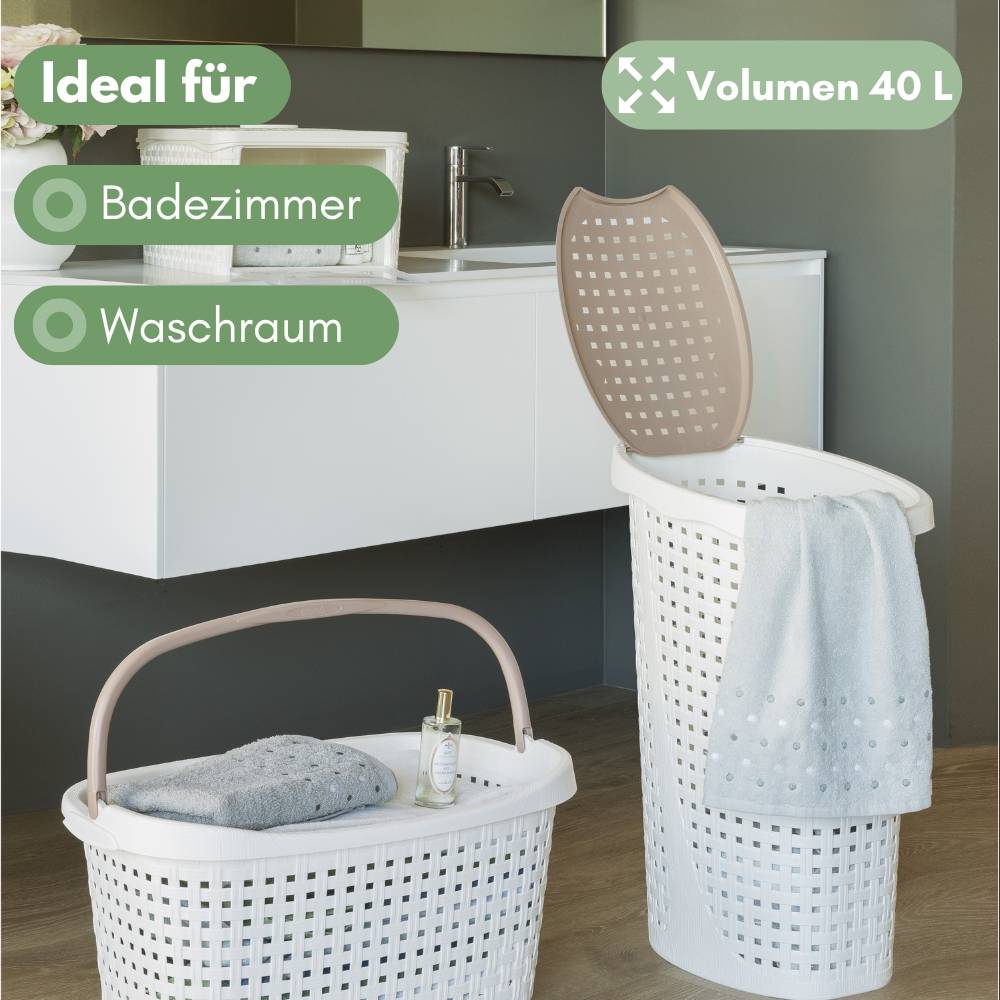 2x Wäschekorb mit Deckel Wäschesammler Plastik Wäschetonne Wäschetruhe weiß Wäschebox mit Deckel 31 x 40 x 60 cm 43 L Rattan Optik