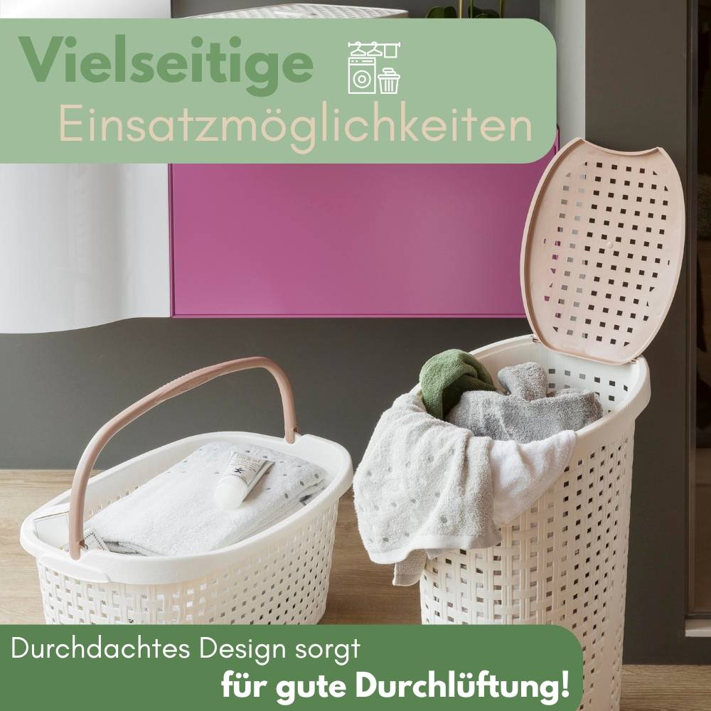 2x Wäschekorb mit Deckel Wäschesammler Plastik Wäschetonne Wäschetruhe weiß Wäschebox mit Deckel 31 x 40 x 60 cm 43 L Rattan Optik