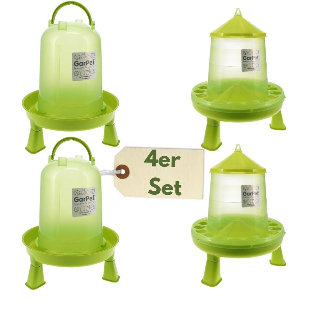4 Stück Hühnertränke mit Füßen + Futterautomat Hühner Set Geflügeltränke Hühnerfutter Automat Futtertrog Stülptränke Futterspender Hühner